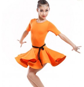 Orange neon green with sashes round neck short sleeves spandex girls kids children gymnastics practice competition performance ballroom latin dance dresses outfits